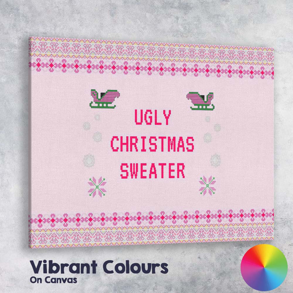 Pink Ugly Christmas Sweater Knitted Typography Festive Design Canvas Wall Art Print Decor Picture Ready to Hang