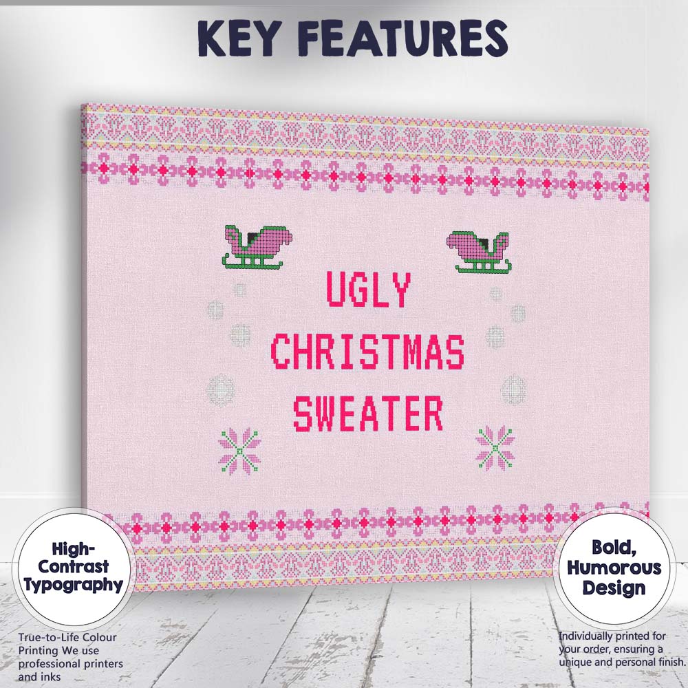 Pink Ugly Christmas Sweater Knitted Typography Festive Design Canvas Wall Art Print Decor Picture Ready to Hang
