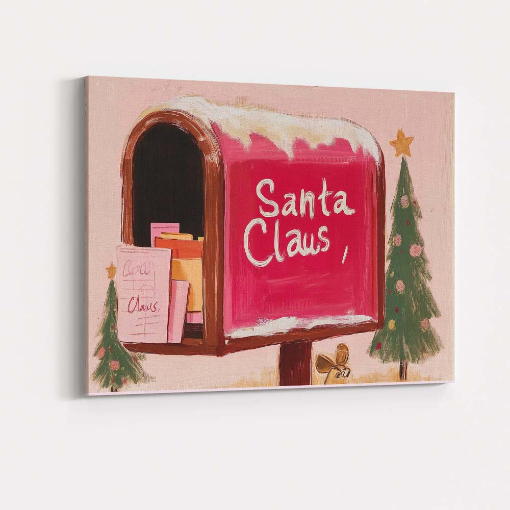 Pink Santa Claus Christmas Mailbox Festive Holiday Illustration Canvas Wall Art Print Decor Picture Ready to Hang