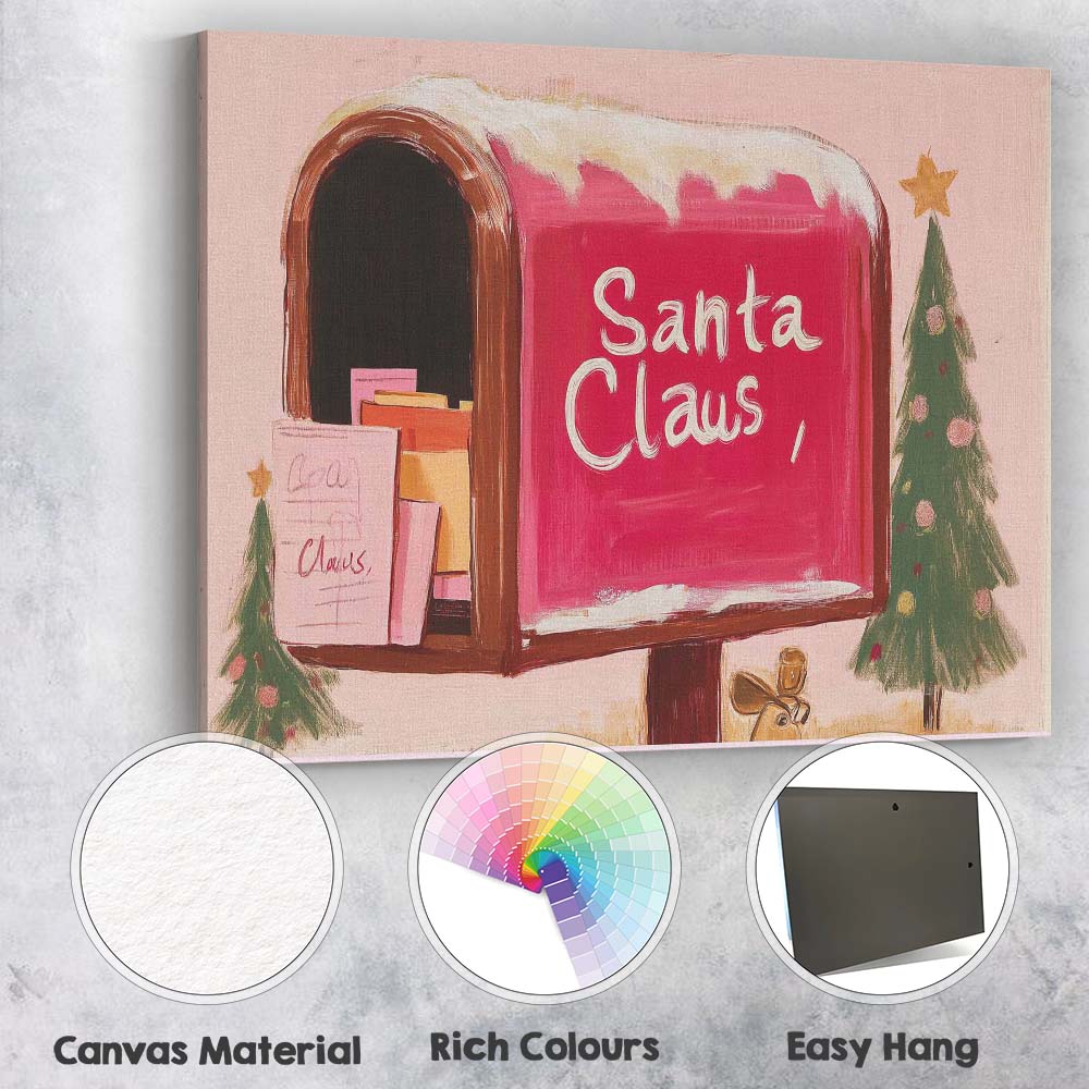 Pink Santa Claus Christmas Mailbox Festive Holiday Illustration Canvas Wall Art Print Decor Picture Ready to Hang