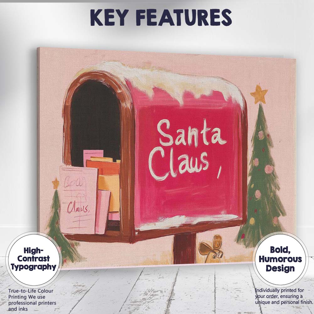Pink Santa Claus Christmas Mailbox Festive Holiday Illustration Canvas Wall Art Print Decor Picture Ready to Hang