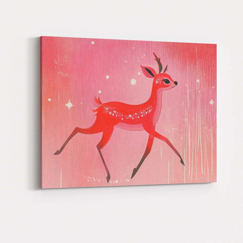 Whimsical Pink Christmas Reindeer Winter Woodland Illustration Canvas Wall Art Print Decor Picture Ready to Hang