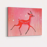 Whimsical Pink Christmas Reindeer Winter Woodland Illustration Canvas Wall Art Print Decor Picture Ready to Hang
