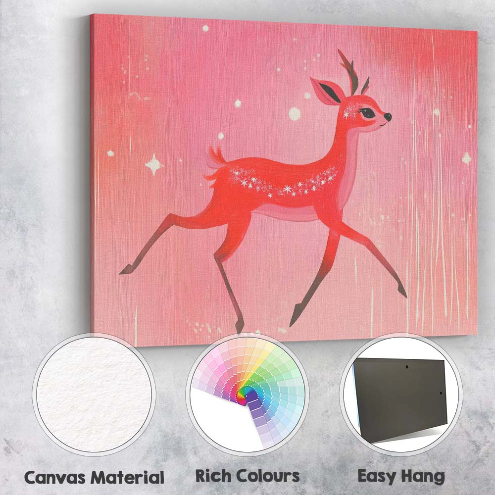 Whimsical Pink Christmas Reindeer Winter Woodland Illustration Canvas Wall Art Print Decor Picture Ready to Hang