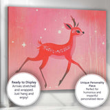 Whimsical Pink Christmas Reindeer Winter Woodland Illustration Canvas Wall Art Print Decor Picture Ready to Hang