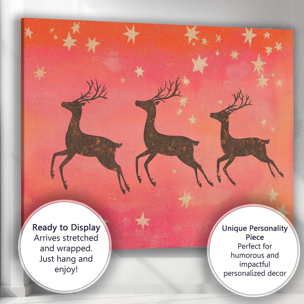 Rustic Reindeer Silhouette Gold Stars Christmas Night Canvas Wall Art Print Decor Picture Ready to Hang