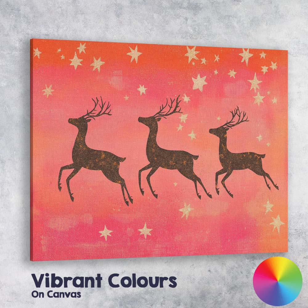 Rustic Reindeer Silhouette Gold Stars Christmas Night Canvas Wall Art Print Decor Picture Ready to Hang