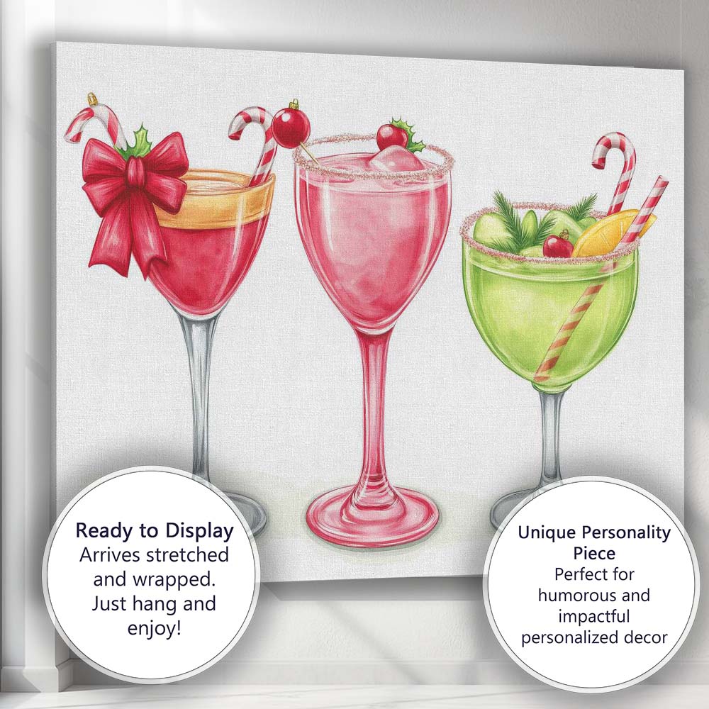 Festive Christmas Holiday Cocktail Drinks Watercolour Illustration Canvas Wall Art Print Decor Picture Ready to Hang