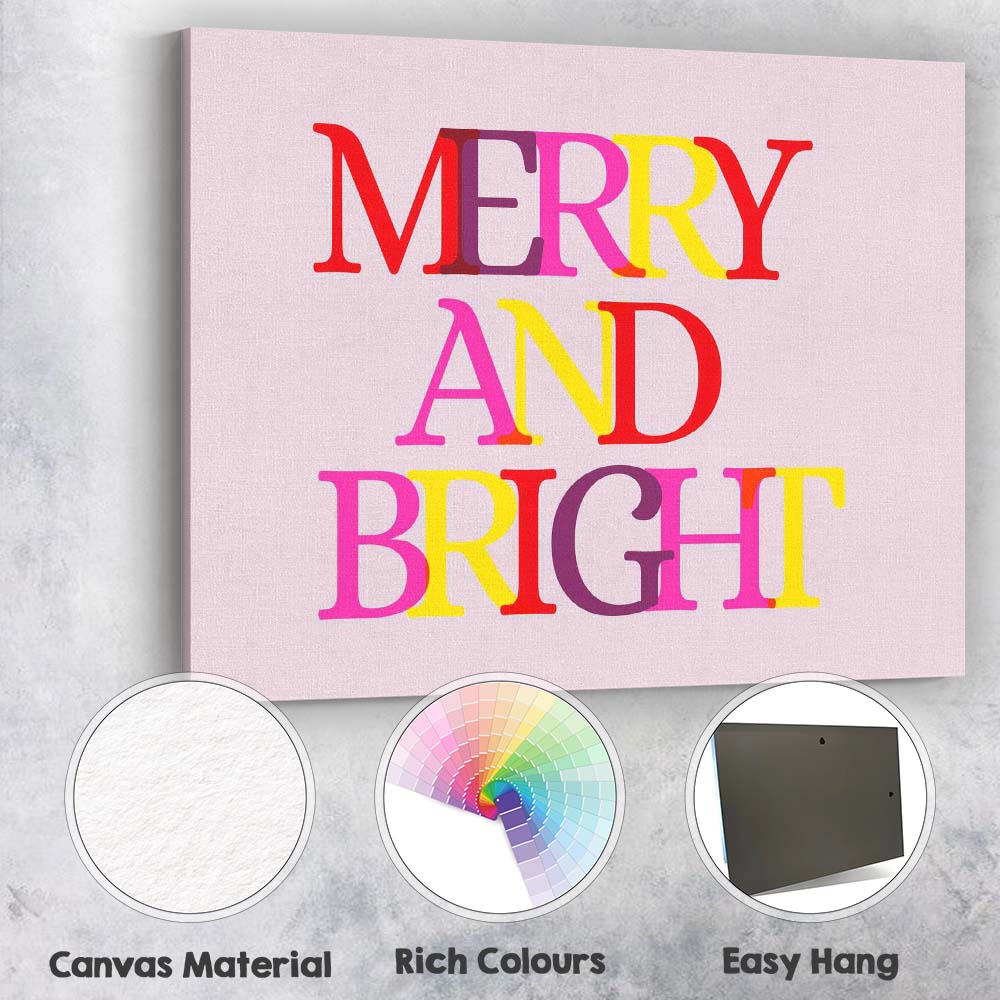 Merry and Bright Colourful Christmas Typography Quote Canvas Wall Art Print Decor Picture Ready to Hang