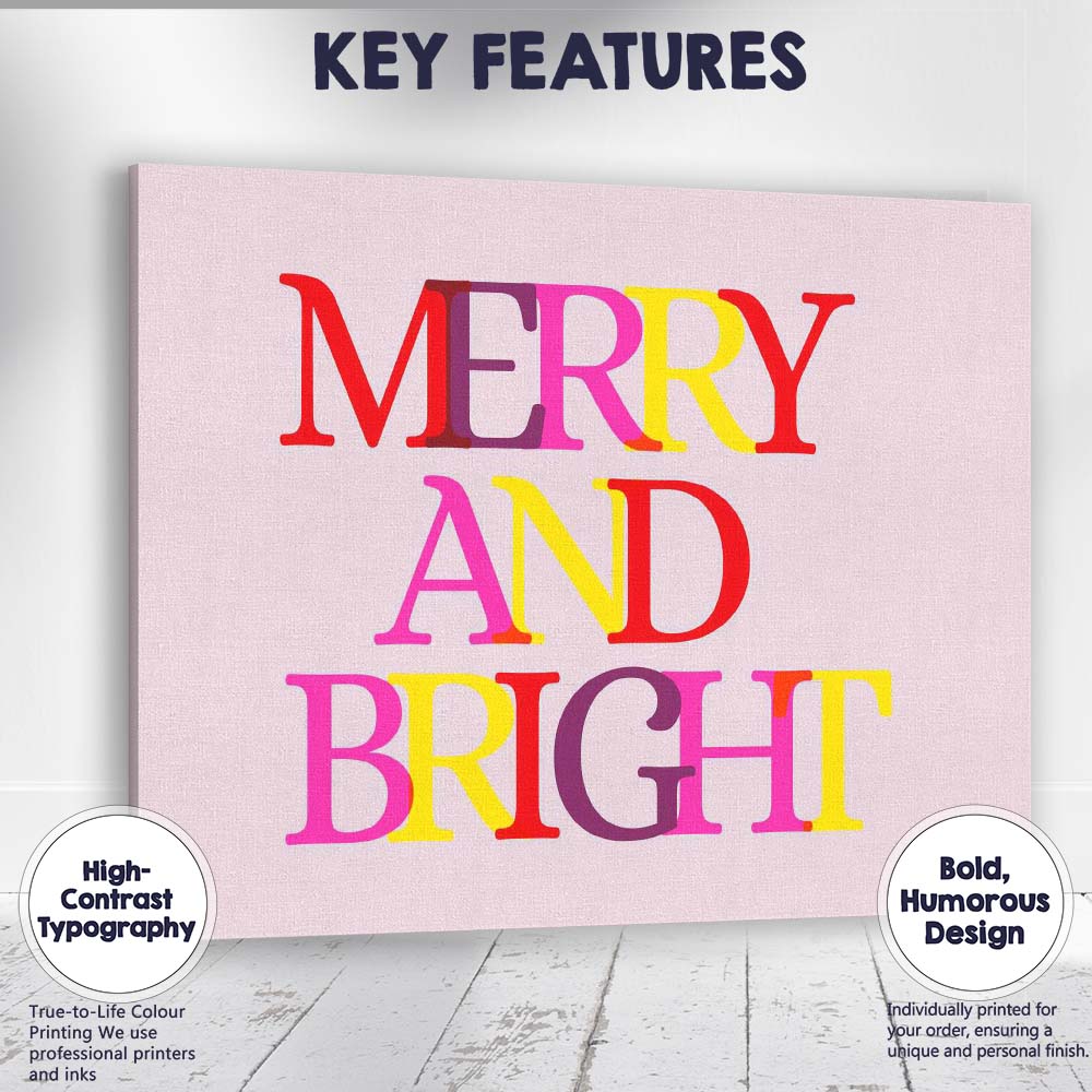 Merry and Bright Colourful Christmas Typography Quote Canvas Wall Art Print Decor Picture Ready to Hang