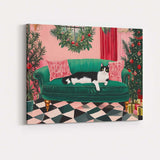 Festive Black and White Cat on Emerald Green Sofa Christmas Living Room Canvas Wall Art Print Decor Picture Ready to Hang