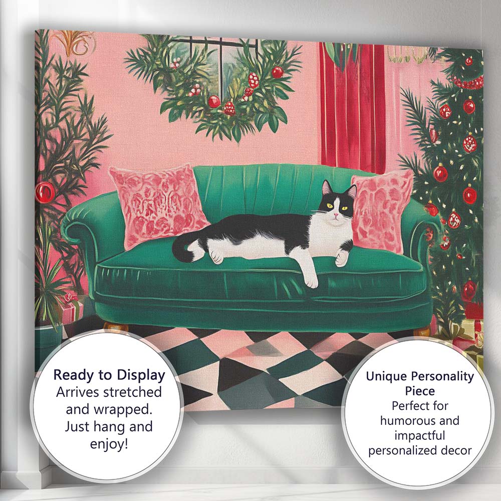 Festive Black and White Cat on Emerald Green Sofa Christmas Living Room Canvas Wall Art Print Decor Picture Ready to Hang