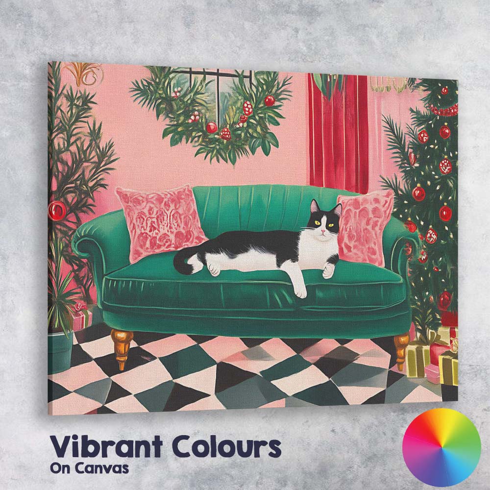Festive Black and White Cat on Emerald Green Sofa Christmas Living Room Canvas Wall Art Print Decor Picture Ready to Hang