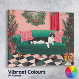 Festive Black and White Cat on Emerald Green Sofa Christmas Living Room Canvas Wall Art Print Decor Picture Ready to Hang