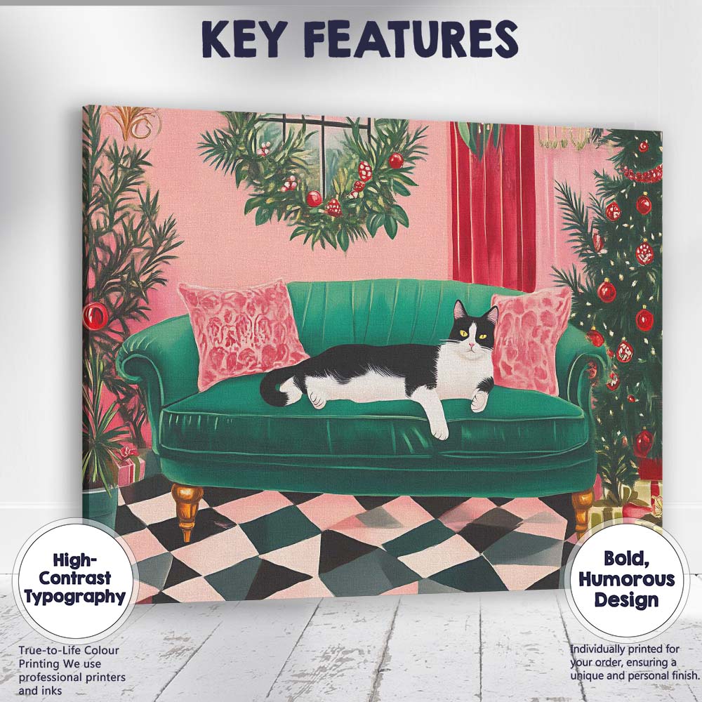 Festive Black and White Cat on Emerald Green Sofa Christmas Living Room Canvas Wall Art Print Decor Picture Ready to Hang