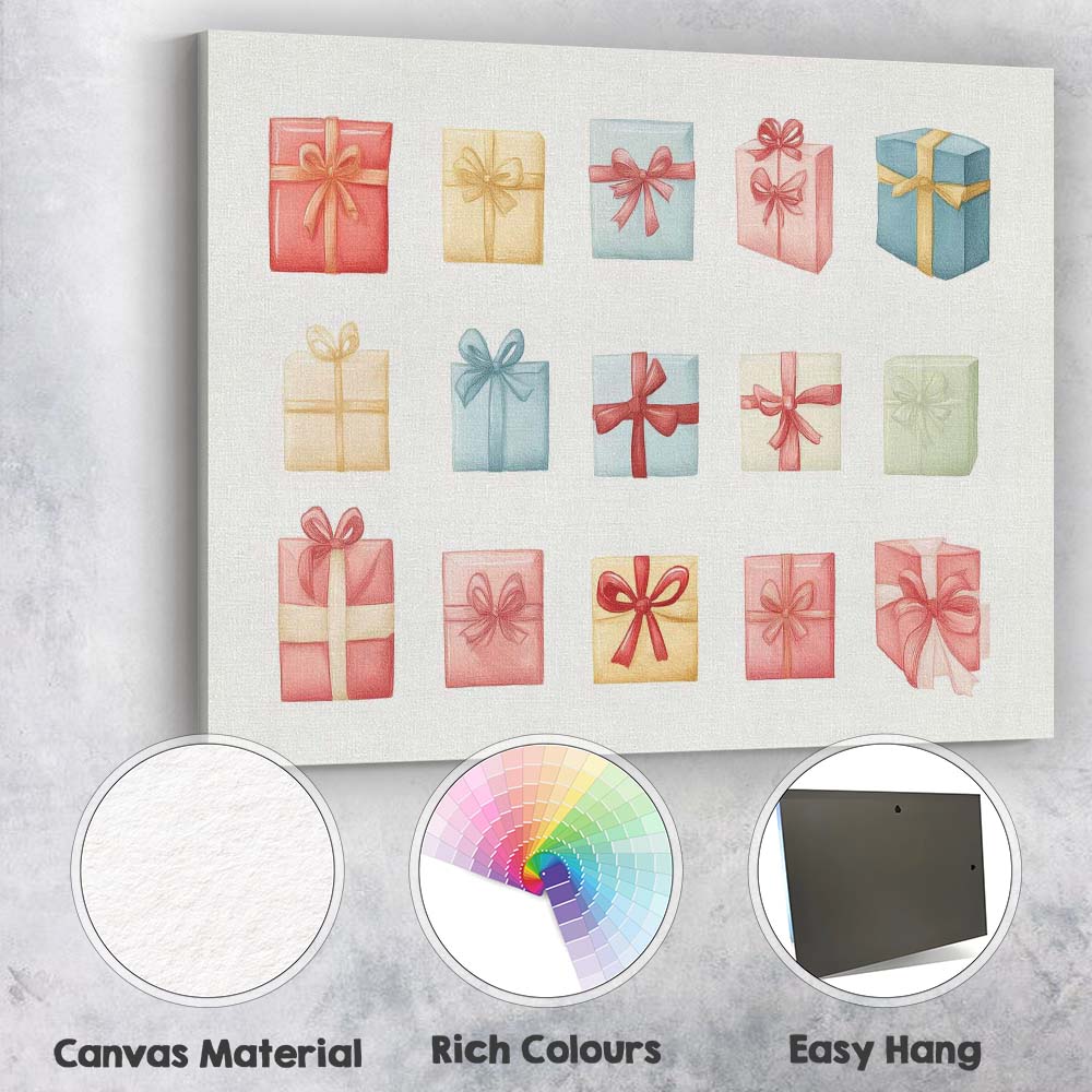 Pastel Christmas Gift Boxes Watercolour Present Collection Illustration Canvas Wall Art Print Decor Picture Ready to Hang