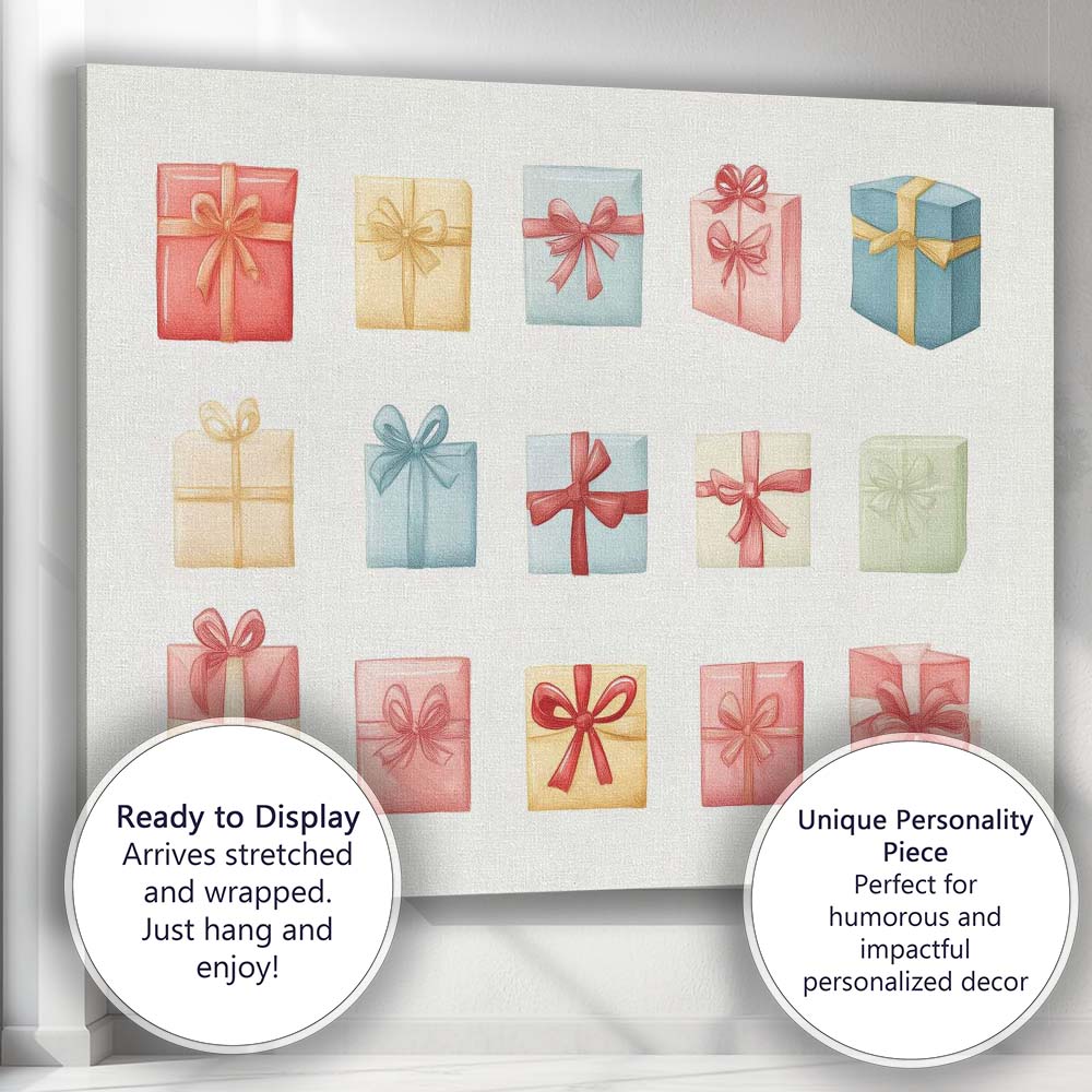 Pastel Christmas Gift Boxes Watercolour Present Collection Illustration Canvas Wall Art Print Decor Picture Ready to Hang