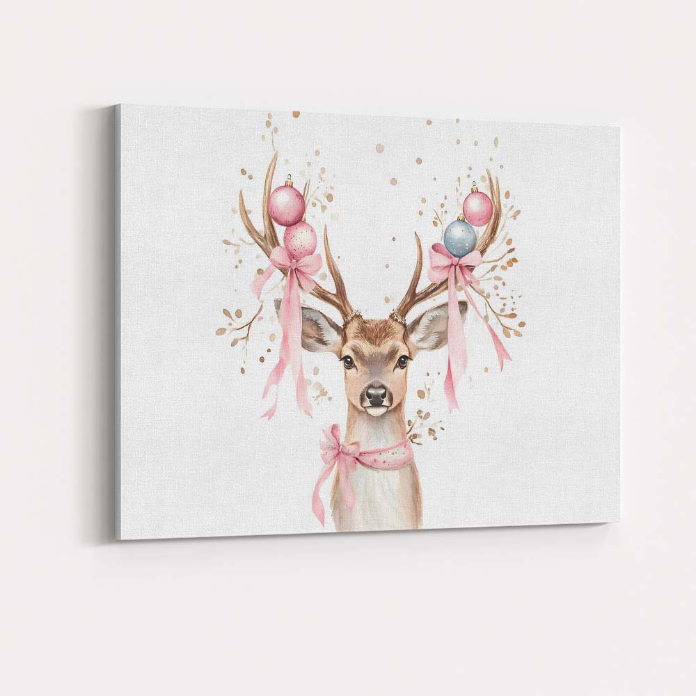 Watercolour Christmas Reindeer with Pink Baubles and Ribbon Canvas Wall Art Print Decor Picture Ready to Hang