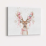 Watercolour Christmas Reindeer with Pink Baubles and Ribbon Canvas Wall Art Print Decor Picture Ready to Hang
