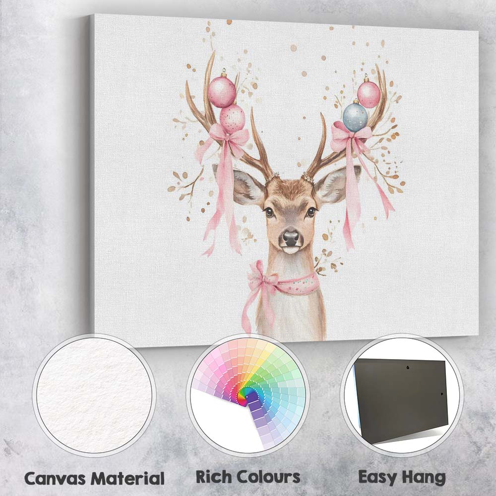 Watercolour Christmas Reindeer with Pink Baubles and Ribbon Canvas Wall Art Print Decor Picture Ready to Hang