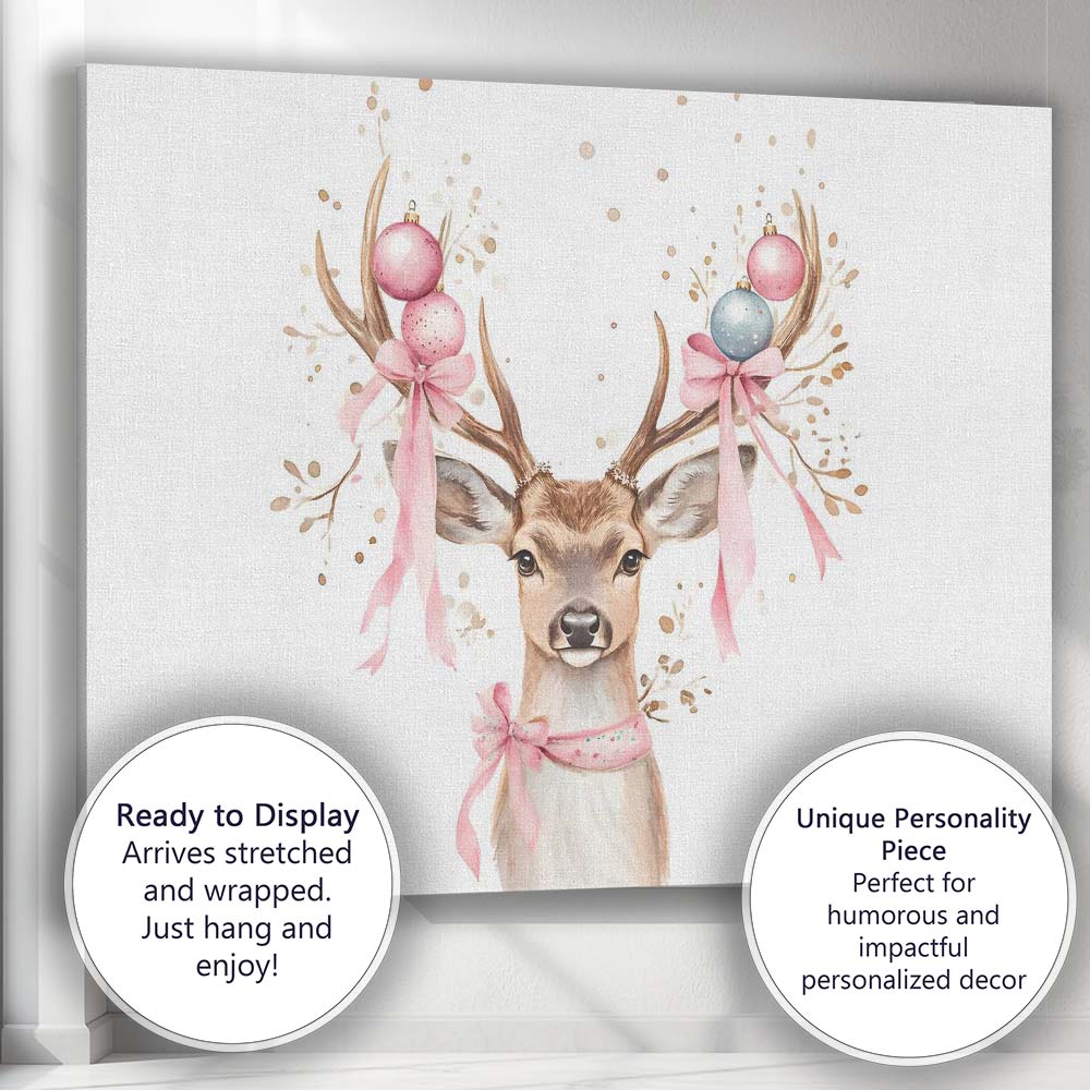Watercolour Christmas Reindeer with Pink Baubles and Ribbon Canvas Wall Art Print Decor Picture Ready to Hang