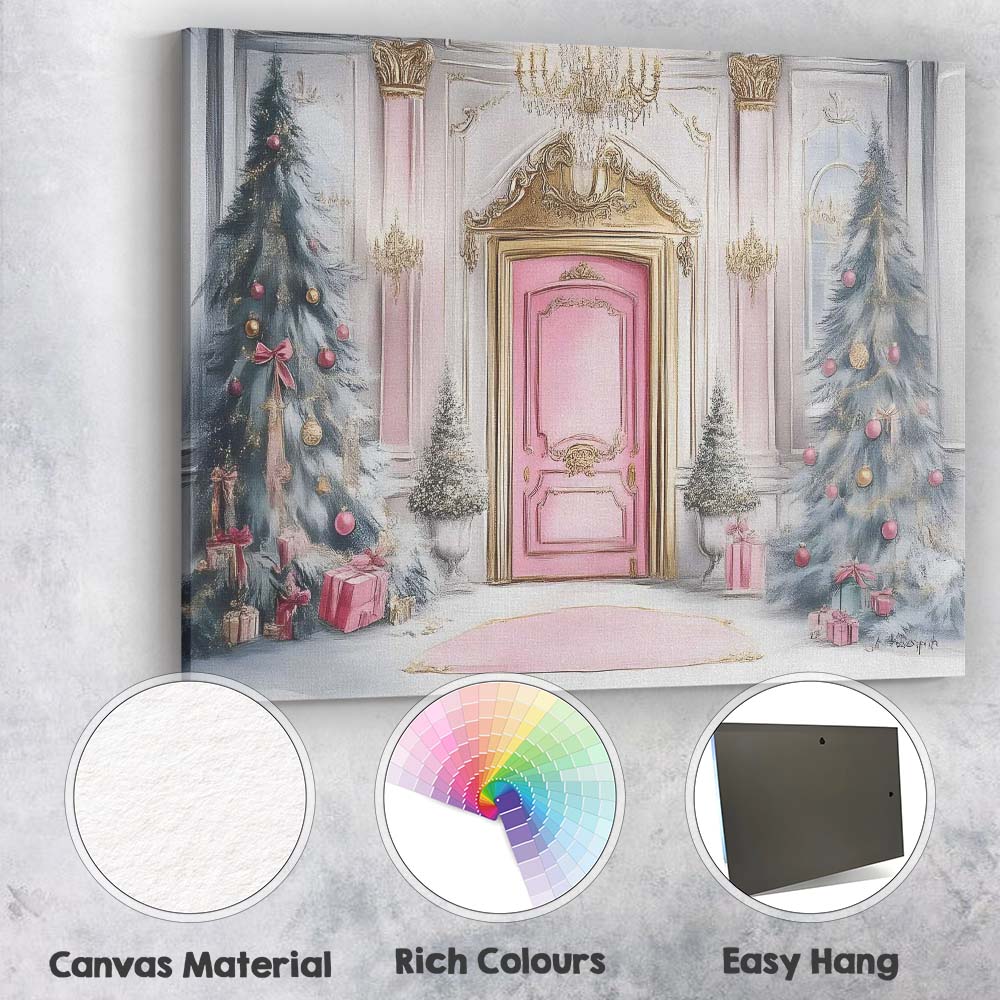 Elegant Pink Christmas Entrance Luxury Festive Home Illustration Canvas Wall Art Print Decor Picture Ready to Hang