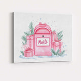 Pink Christmas Mailbox with Gift Boxes Watercolour Holiday Illustration Canvas Wall Art Print Decor Picture Ready to Hang