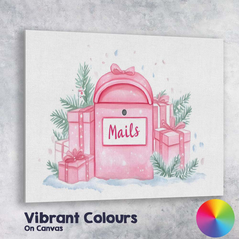 Pink Christmas Mailbox with Gift Boxes Watercolour Holiday Illustration Canvas Wall Art Print Decor Picture Ready to Hang