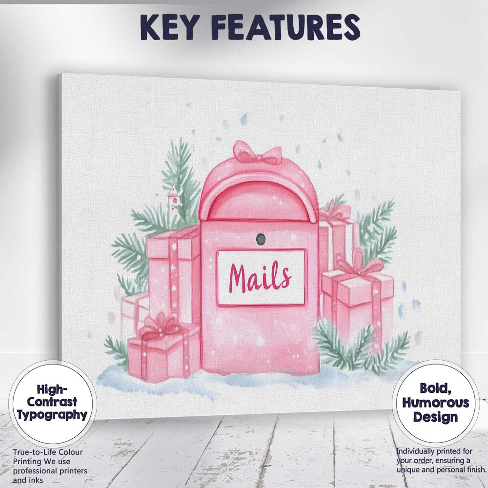 Pink Christmas Mailbox with Gift Boxes Watercolour Holiday Illustration Canvas Wall Art Print Decor Picture Ready to Hang