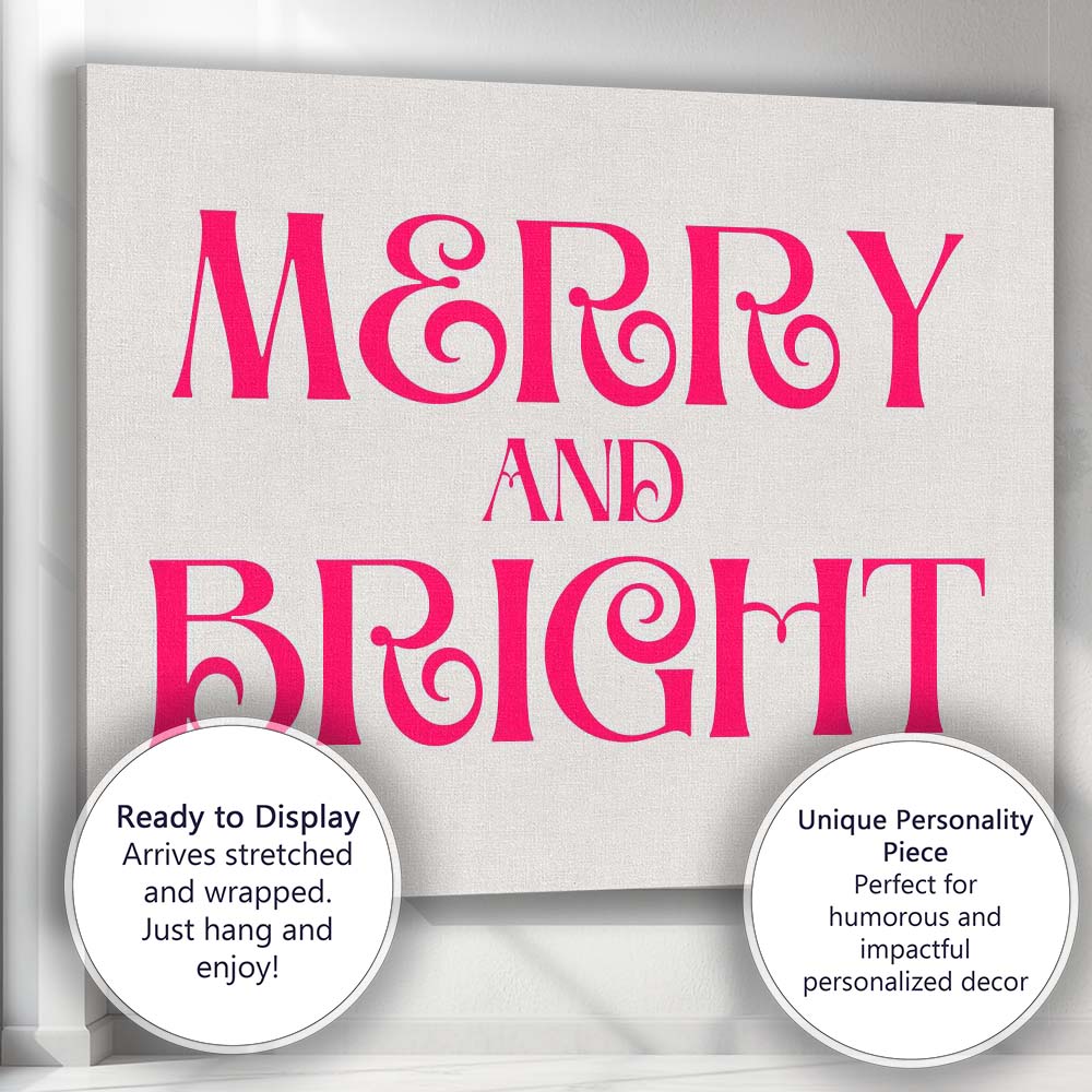 Merry and Bright Pink Festive Typography Quote Canvas Wall Art Print Decor Picture Ready to Hang