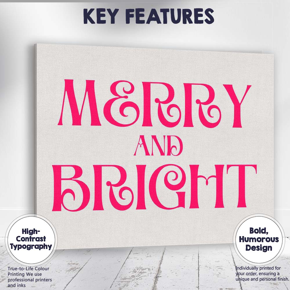 Merry and Bright Pink Festive Typography Quote Canvas Wall Art Print Decor Picture Ready to Hang