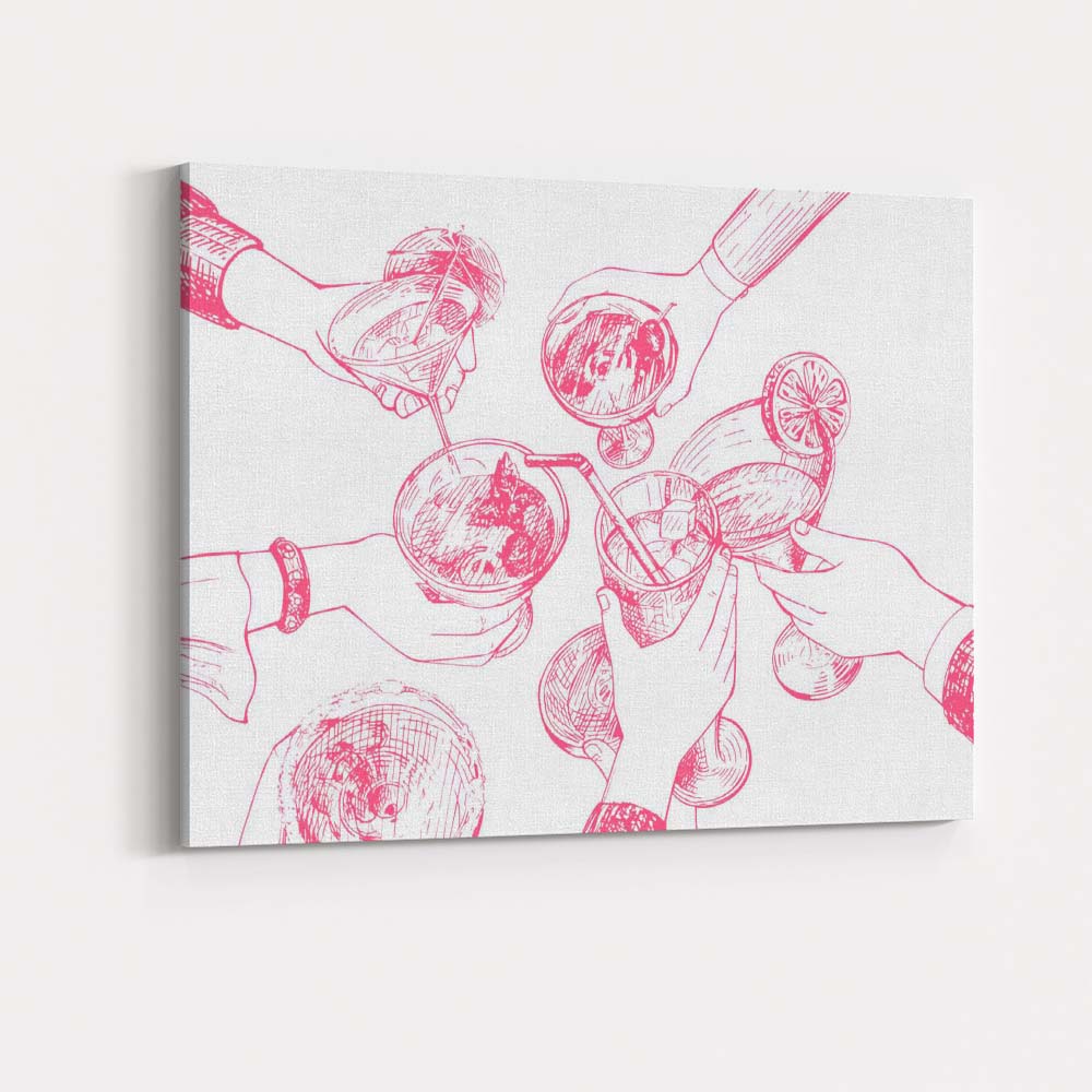 Pink Holiday Cocktail Party Hand Drawn Drinks Illustration Canvas Wall Art Print Decor Picture Ready to Hang