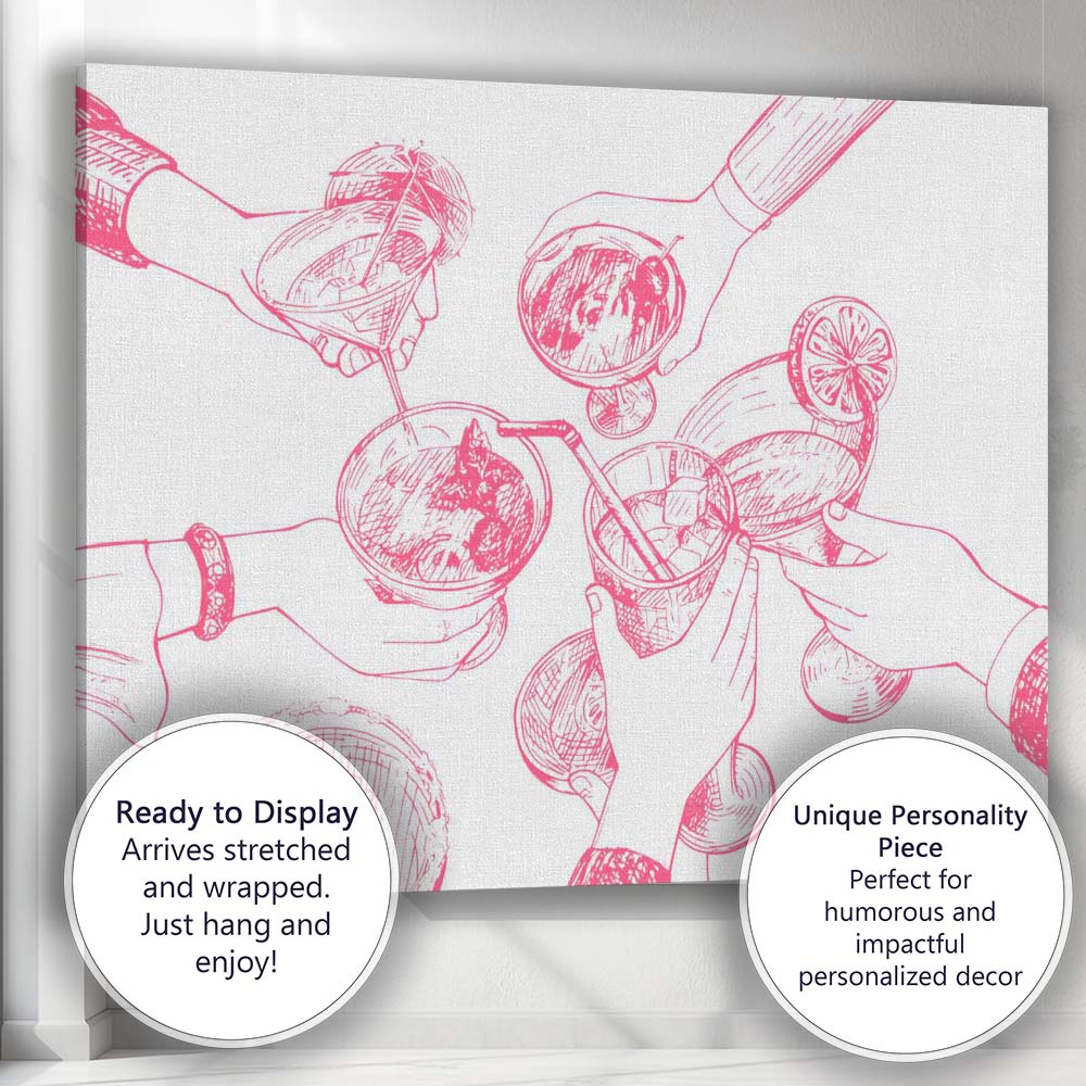 Pink Holiday Cocktail Party Hand Drawn Drinks Illustration Canvas Wall Art Print Decor Picture Ready to Hang