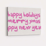 Pink Happy Holidays Distressed Typography Repeat Pattern Canvas Wall Art Print Decor Picture Ready to Hang