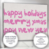 Pink Happy Holidays Distressed Typography Repeat Pattern Canvas Wall Art Print Decor Picture Ready to Hang