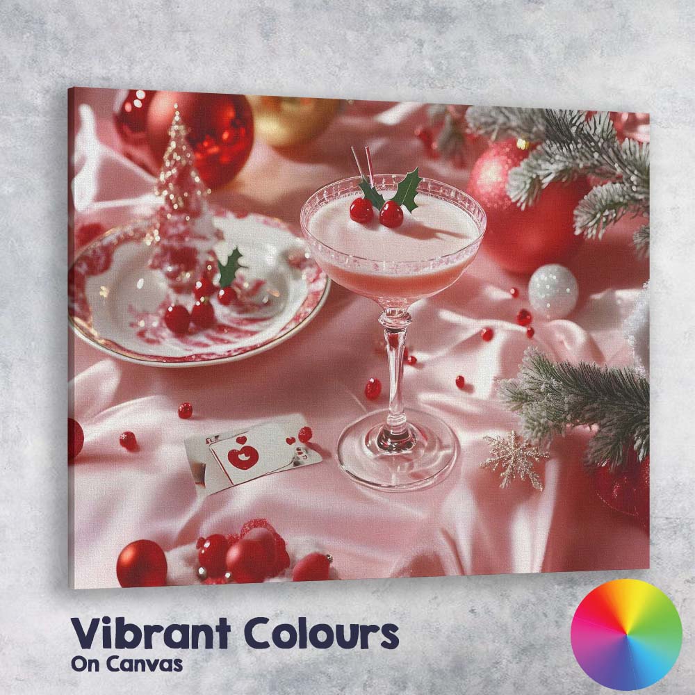 Festive Pink Christmas Cocktail Holly Berry Holiday Table Setting Canvas Wall Art Print Decor Picture Ready to Hang