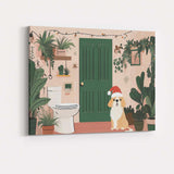 Cute Christmas Puppy Santa Hat Botanical Bathroom Illustration Canvas Wall Art Print Decor Picture Ready to Hang
