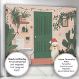 Cute Christmas Puppy Santa Hat Botanical Bathroom Illustration Canvas Wall Art Print Decor Picture Ready to Hang