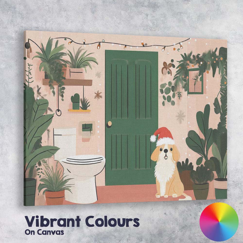 Cute Christmas Puppy Santa Hat Botanical Bathroom Illustration Canvas Wall Art Print Decor Picture Ready to Hang