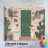 Cute Christmas Puppy Santa Hat Botanical Bathroom Illustration Canvas Wall Art Print Decor Picture Ready to Hang