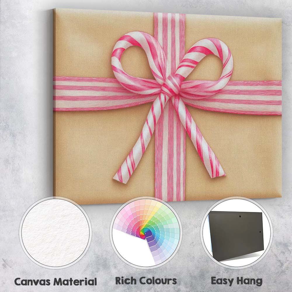 Pink Candy Cane Ribbon Gift Bow Christmas Present Illustration Canvas Wall Art Print Decor Picture Ready to Hang
