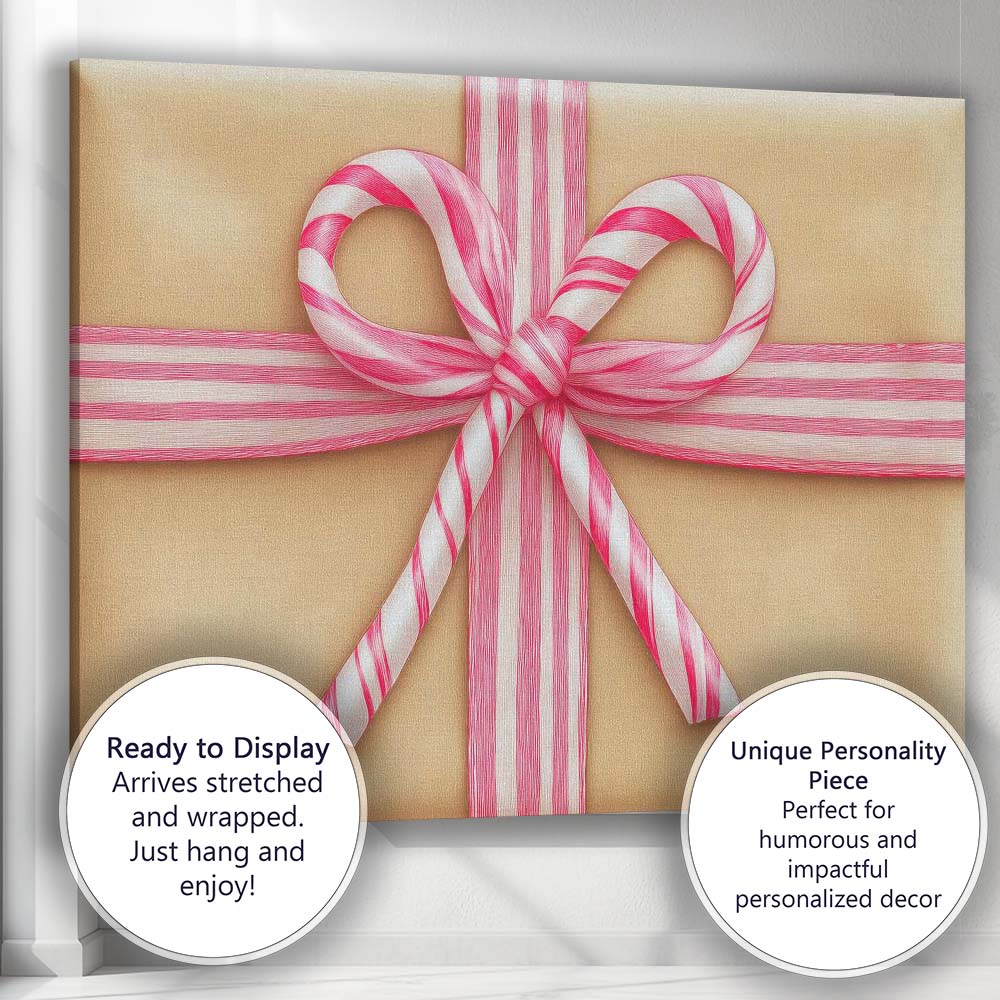 Pink Candy Cane Ribbon Gift Bow Christmas Present Illustration Canvas Wall Art Print Decor Picture Ready to Hang