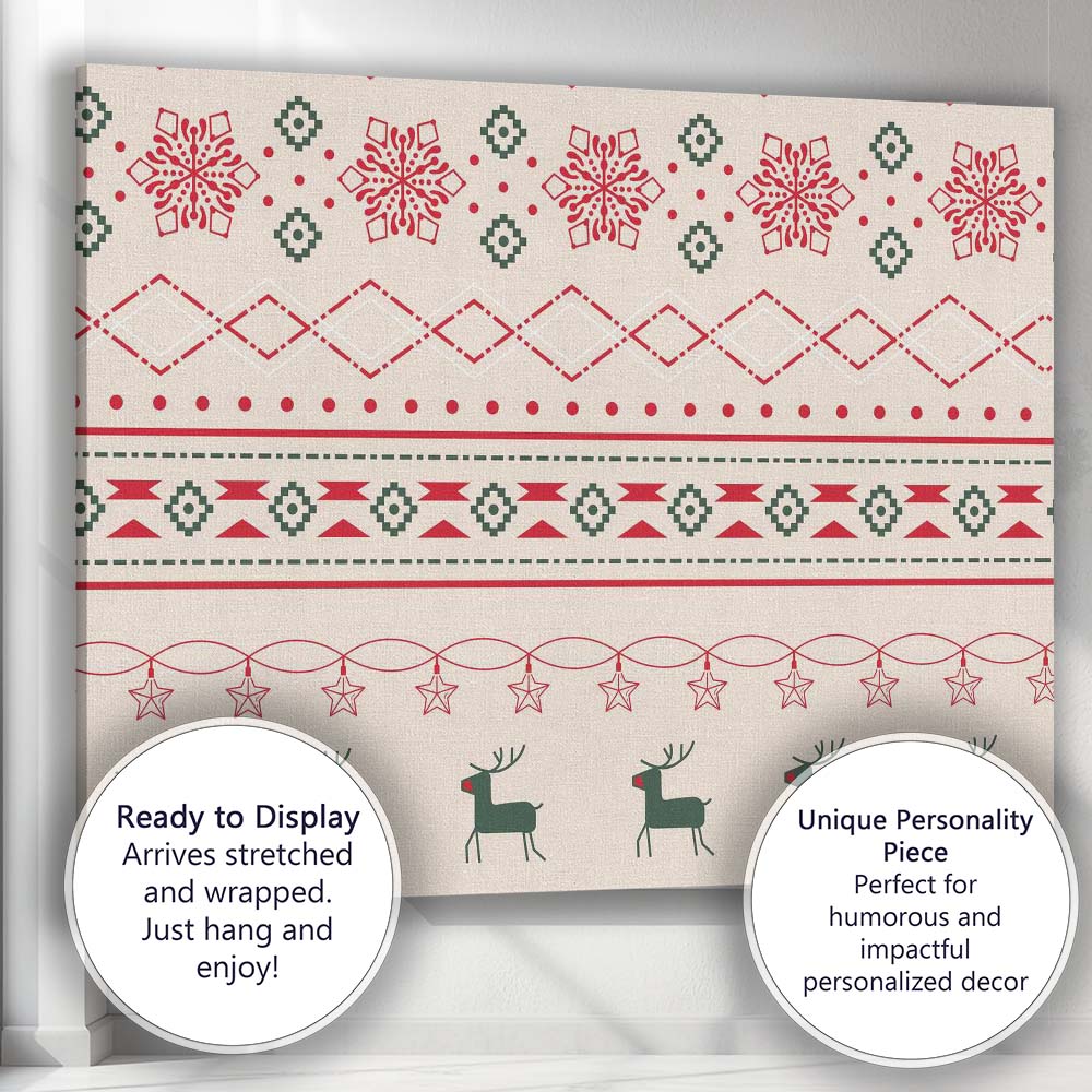 Scandinavian Christmas Fair Isle Reindeer Snowflake Nordic Pattern Canvas Wall Art Print Decor Picture Ready to Hang