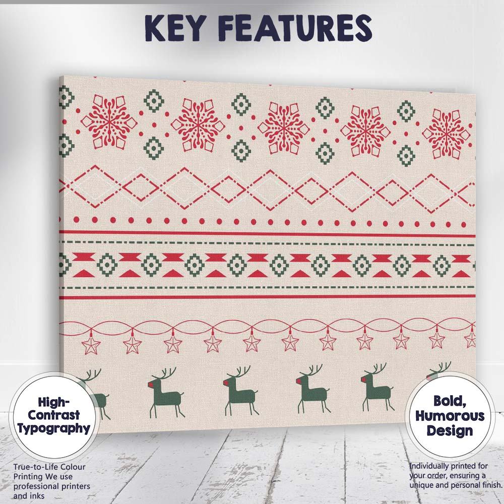 Scandinavian Christmas Fair Isle Reindeer Snowflake Nordic Pattern Canvas Wall Art Print Decor Picture Ready to Hang