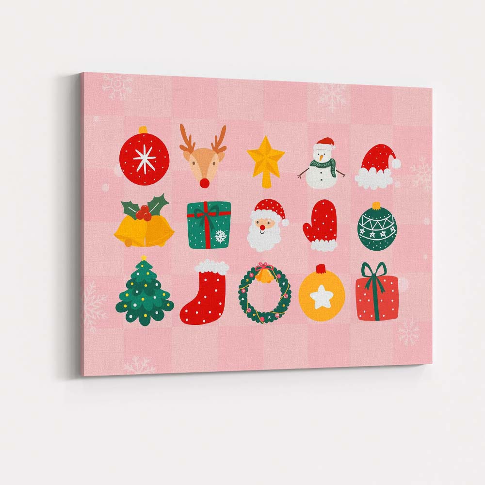 Cute Pink Christmas Icons Festive Holiday Collection Illustration Canvas Wall Art Print Decor Picture Ready to Hang