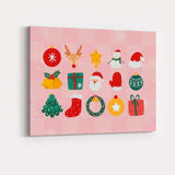 Cute Pink Christmas Icons Festive Holiday Collection Illustration Canvas Wall Art Print Decor Picture Ready to Hang