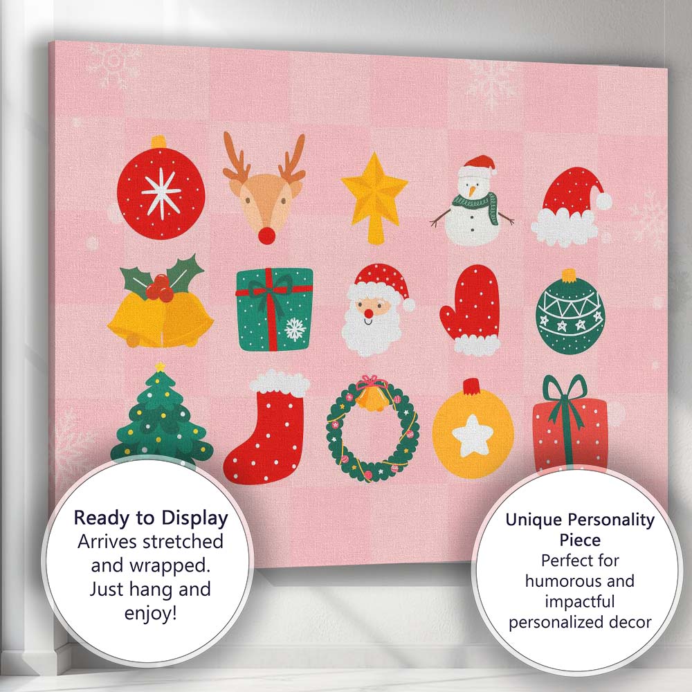 Cute Pink Christmas Icons Festive Holiday Collection Illustration Canvas Wall Art Print Decor Picture Ready to Hang