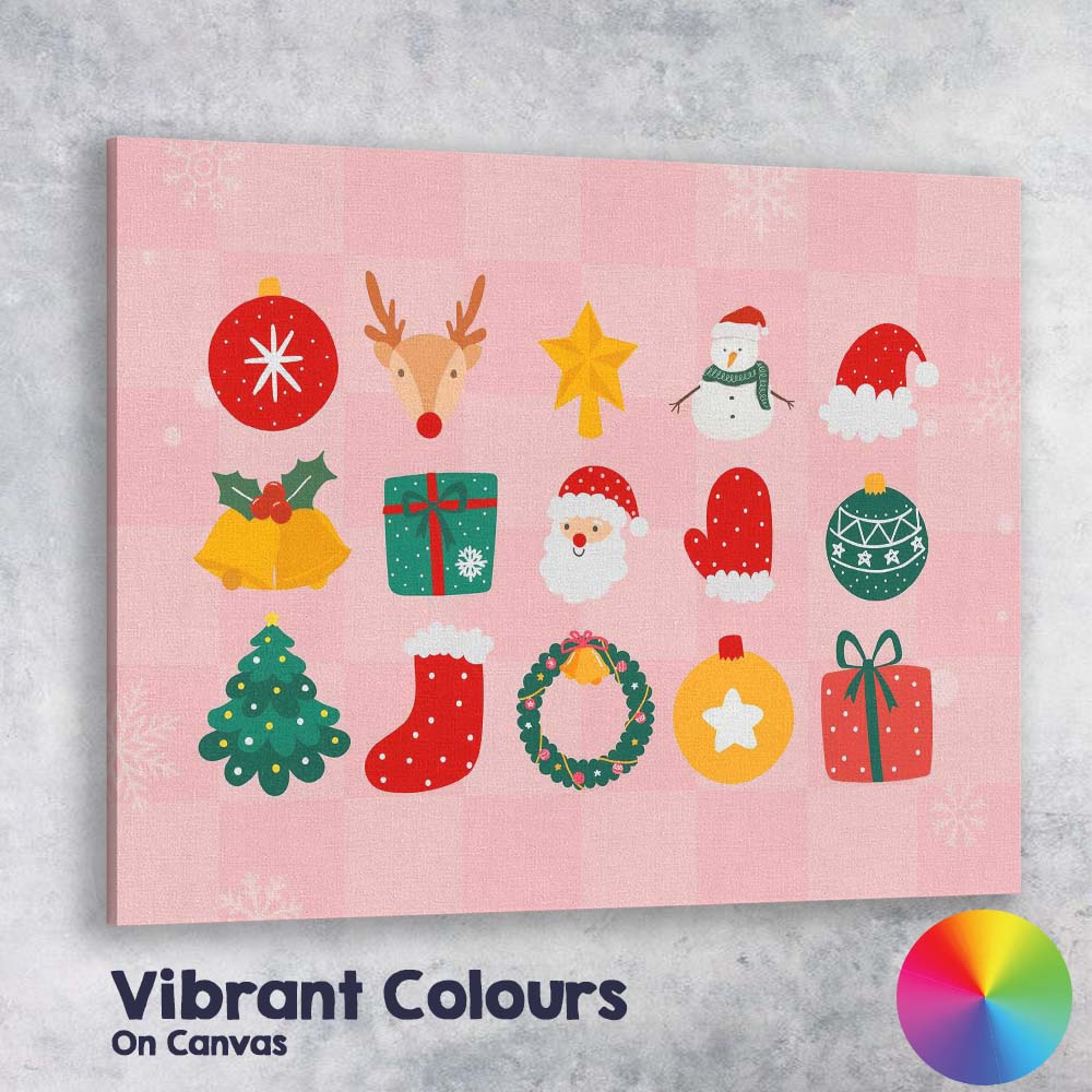 Cute Pink Christmas Icons Festive Holiday Collection Illustration Canvas Wall Art Print Decor Picture Ready to Hang