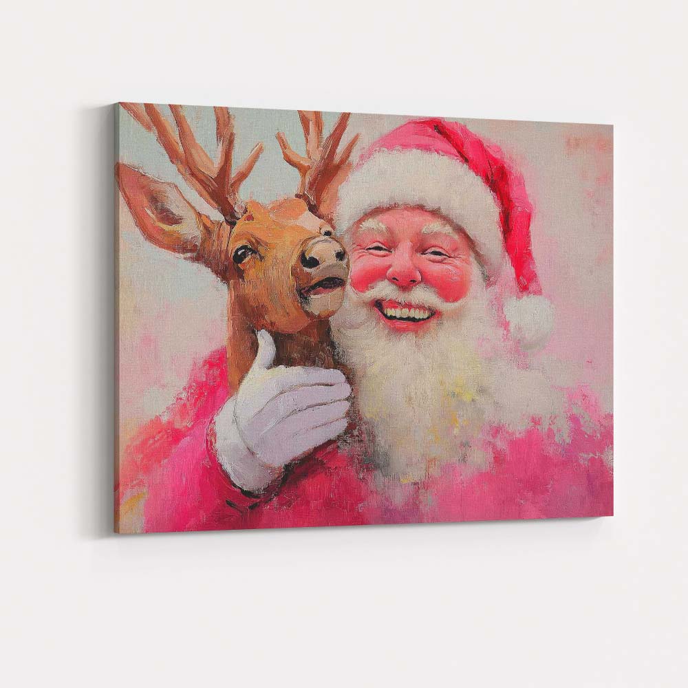Festive Santa Claus With Reindeer Portrait Painterly Christmas Illustration Canvas Wall Art Print Decor Picture Ready to Hang