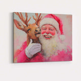 Festive Santa Claus With Reindeer Portrait Painterly Christmas Illustration Canvas Wall Art Print Decor Picture Ready to Hang